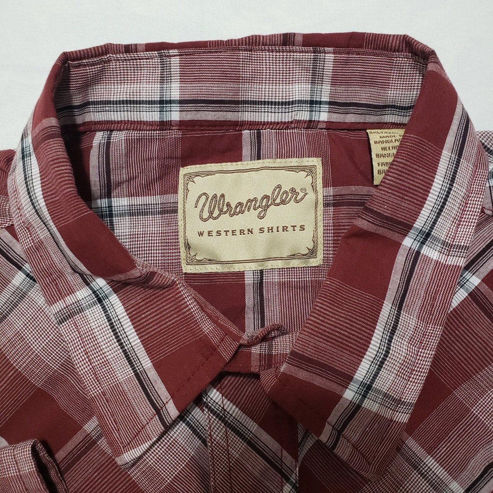 Wrangler Western Shirts Men's‎ 2XL Long Sleeve Plaid Pearl Snap Shirt Burgundy - Picture 4 of 13